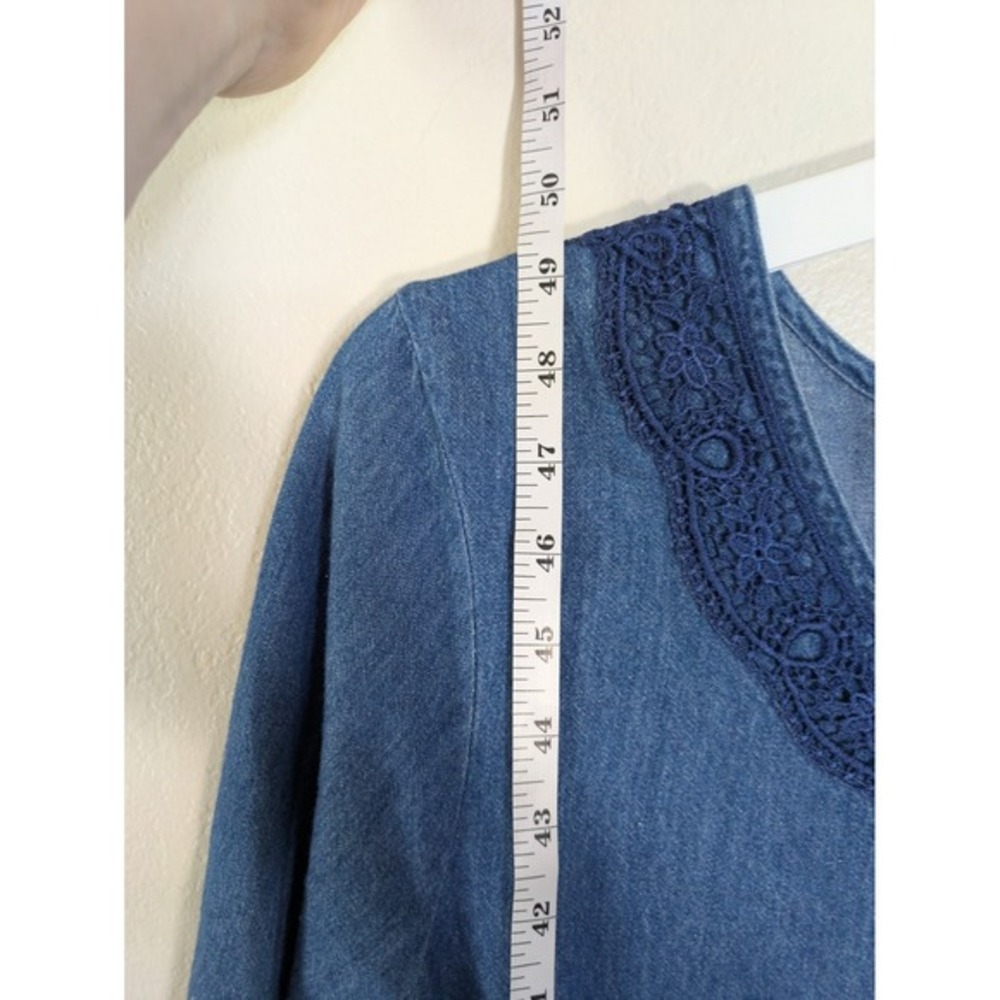 Vintage 90s Cottagecore Maxi Dress XL Denim Floral Plaid Button Up Lace Applique - Picture 5 of 8